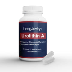 LongJuvity Urolithin A bottle with capsules for steady cellular energy.