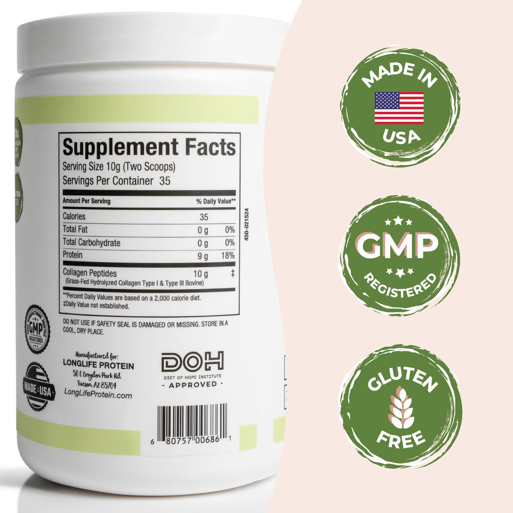 Longlife Protein Collagen Peptides powder-dispense shown with precise scoop.