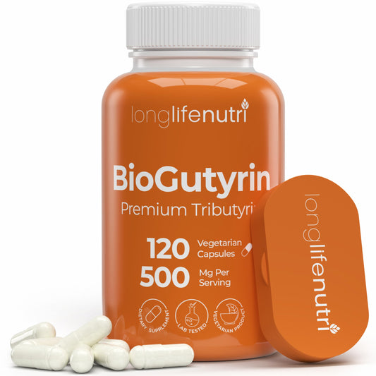 LongLifeNutri BioGutyrin bottle with capsules for daily gut support.