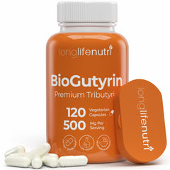 LongLifeNutri BioGutyrin bottle with capsules for daily gut support.