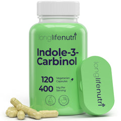 LongLifeNutri Indole-3-Carbinol bottle shows lab-tested purity and organic sourcing.