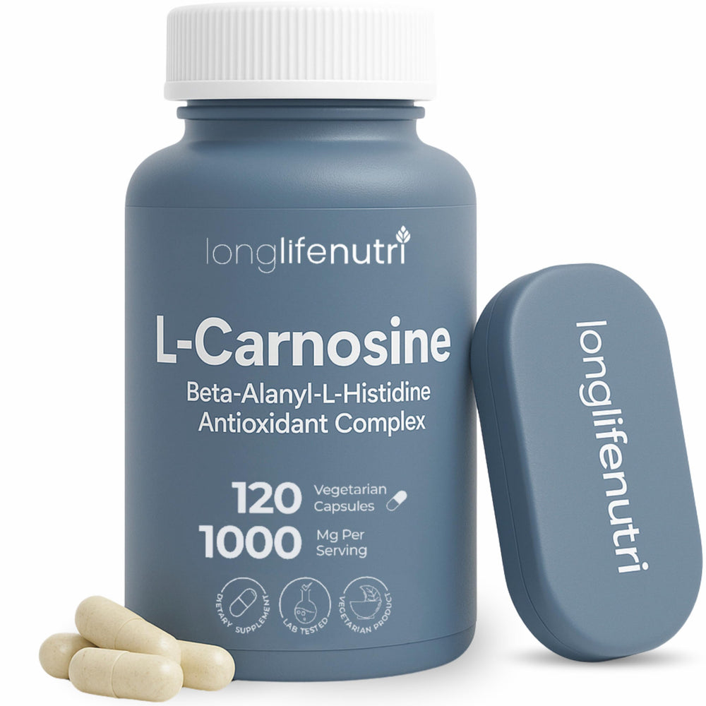 LongLifeNutri L-Carnosine bottle front showing 120 capsules for a two-month supply.