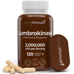 LongLifeNutri Lumbrokinase bottle highlights 2,000,000 units per serving for circulatory support.