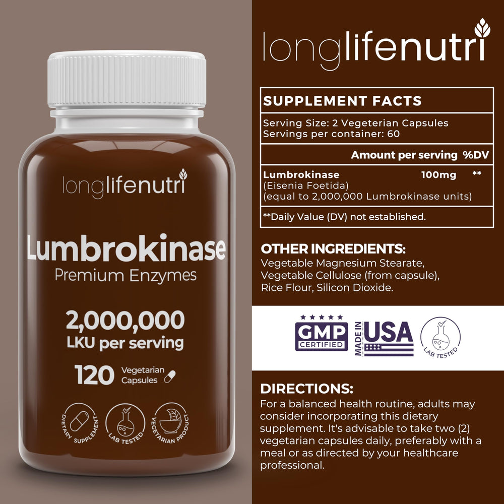 LongLifeNutri Lumbrokinase capsules displayed with 120-count package for daily use.