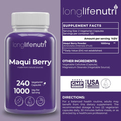 LongLifeNutri Maqui Berry vegan capsules in a bottle underscoring clean, non-GMO ingredients.