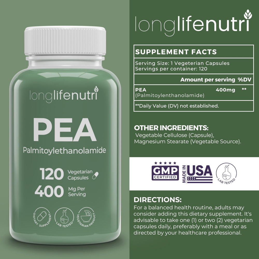 Close-up of LongLifeNutri PEA capsules ready for daily supplementation.
