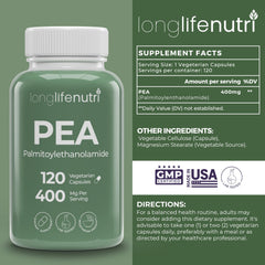 Close-up of LongLifeNutri PEA capsules ready for daily supplementation.