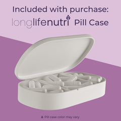 LongLifeNutri bottle beside a pill organizer for routine tracking.