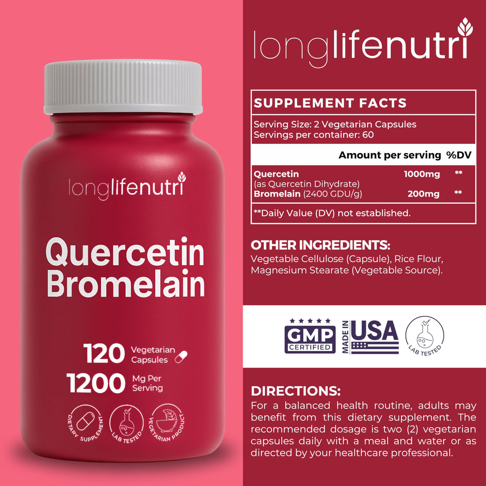 LongLifeNutri Quercetin with Bromelain capsules side view for easy daily use