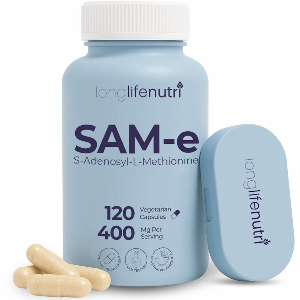 LongLifeNutri SAM-e 400mg bottle closeup suggesting daily mobility support