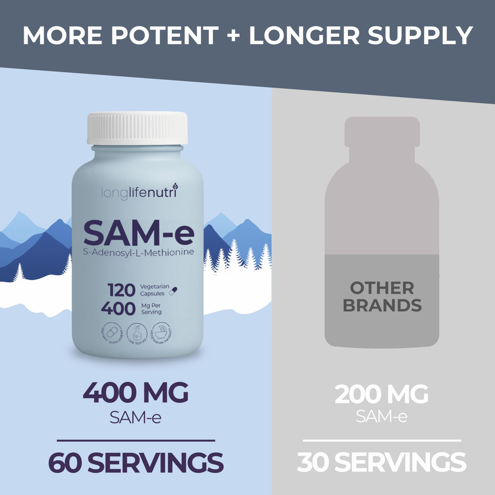 Holding LongLifeNutri SAM-e 400mg capsule for on-the-go support