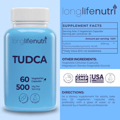 LongLifeNutri TUDCA bottle front — USA-made, high-purity supplement on display