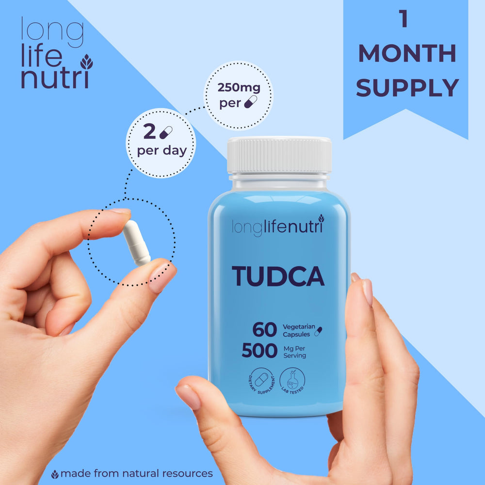 LongLifeNutri TUDCA packaging — 60 vegetarian capsules for a monthly supply