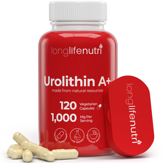 LongLifeNutri Urolithin A+ 1000mg bottle front for daily vitality consideration
