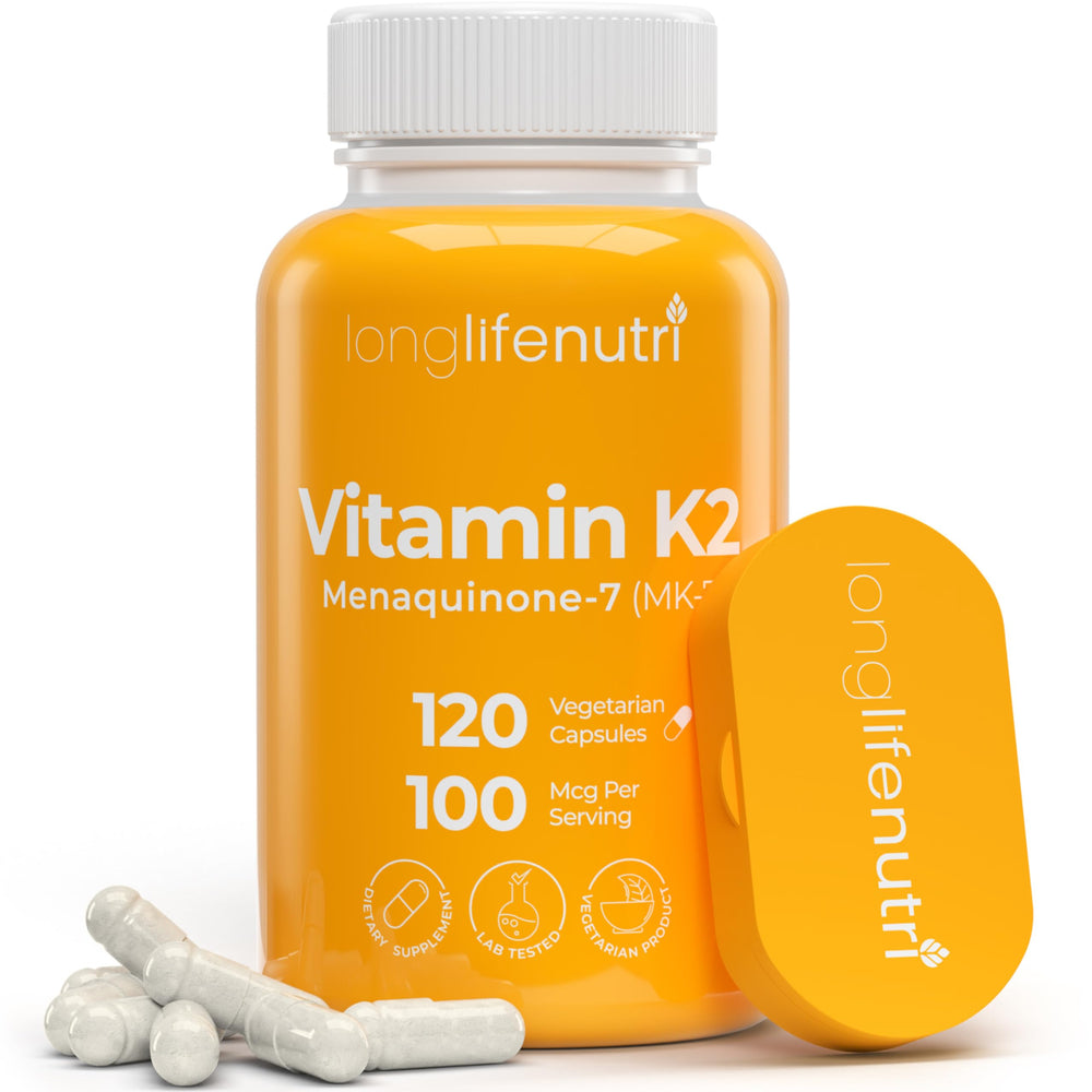 LongLifeNutri Vitamin K2 MK-7 bottle front view for daily bone support.