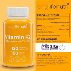 LongLifeNutri Vitamin K2 MK-7 capsules close-up, pure vegan formula.