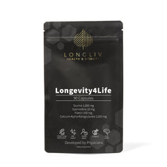 LongLiv Longevity4Life bottle label showing four-in-one formula for vitality.
