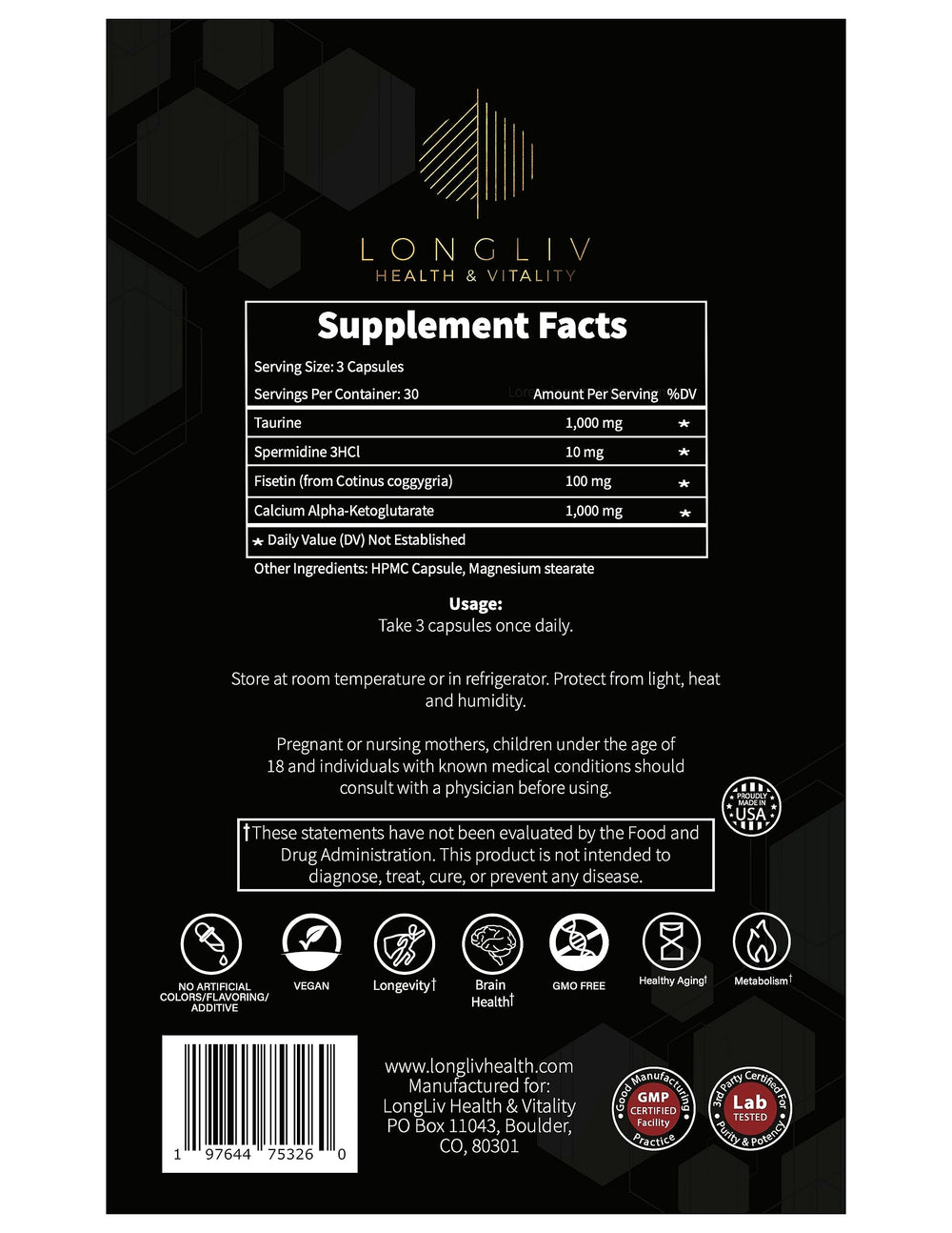 Packaging and USA-made facility claim for Longevity4Life quality.