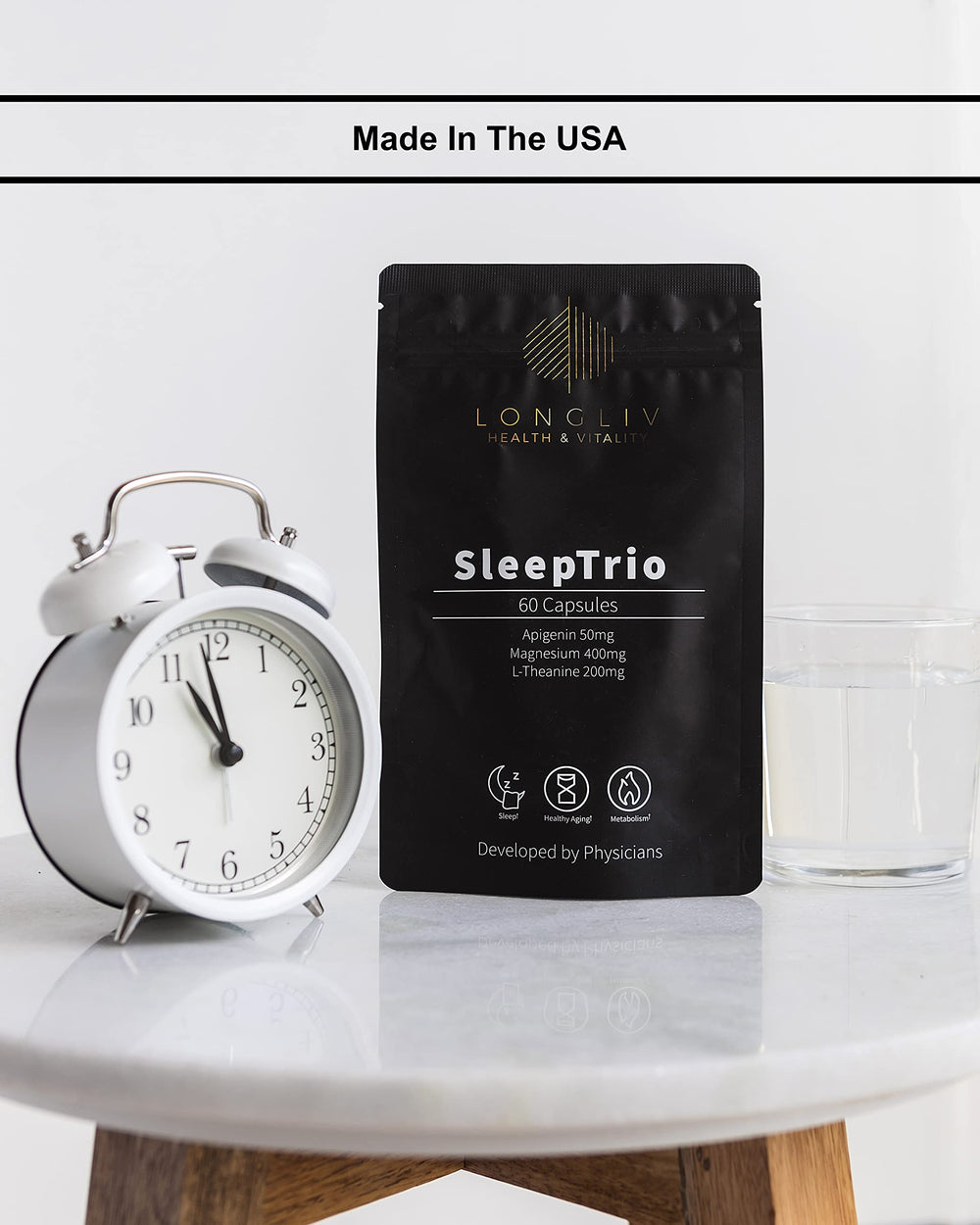 LongLiv Sleep Trio calming-mind setup conveys potential relaxation before sleep.