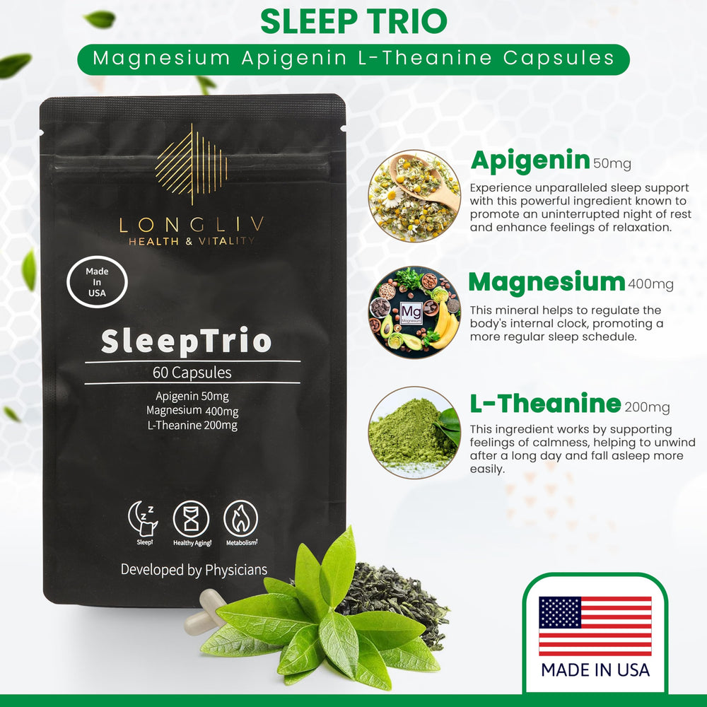 LongLiv Sleep Trio capsules closeup highlights magnesium bis-glycinate and L-Theanine.