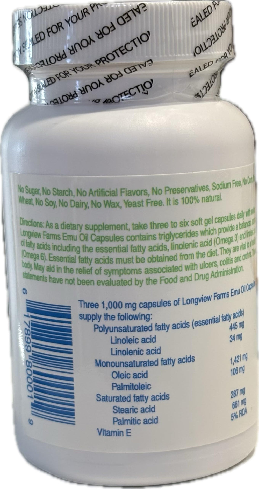 Longview Farms Emu Oil Gel Capsules ingredients and vitamins close-up.