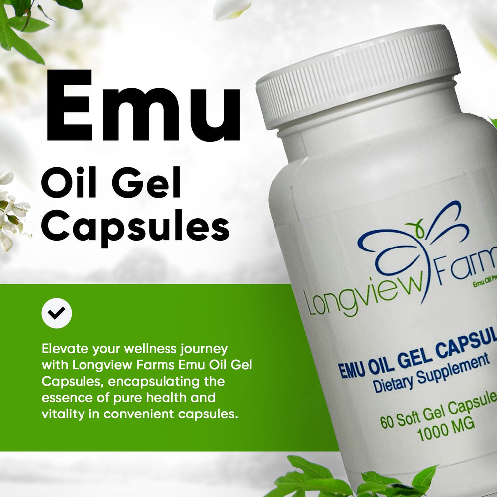 Longview Farms Emu Oil Gel Capsules label close-up highlighting purity.