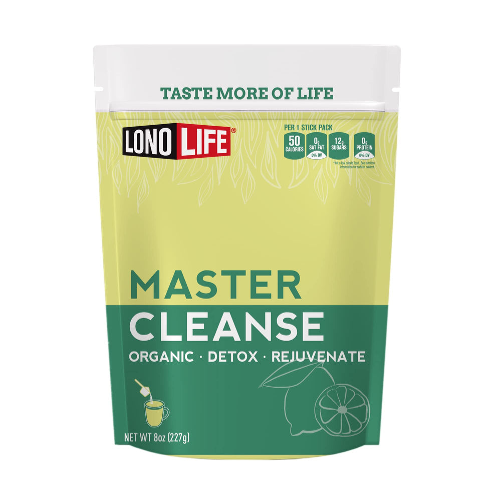 LonoLife Master Cleanse Lemonade bottle emphasizes gluten-free detox option for on-the-go routines.