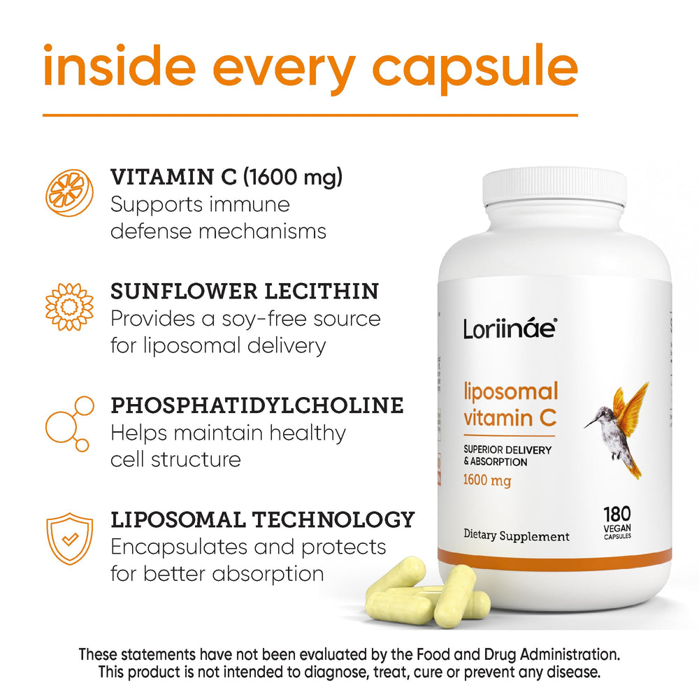 Loriináe liposomal vitamin C 1600mg bottle back label detailing ingredients and delivery notes