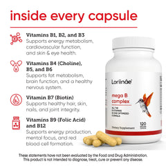 Loriináe Mega B Complex capsules close-up highlighting Myo-Inositol and Choline