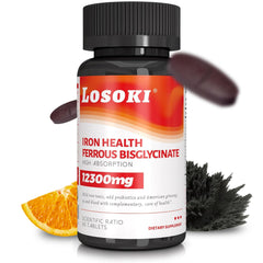 Losoki iron bisglycinate bottle with 60 tablets for daily energy support.