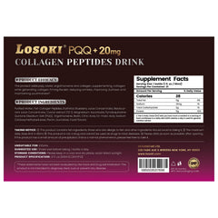 Close-up of Losoki PQQ Collagen Peptides Drink label highlighting skin-supporting ingredients.