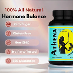Lost Empire Herbs Athena bottle label close-up highlighting its herbal blend for balance.