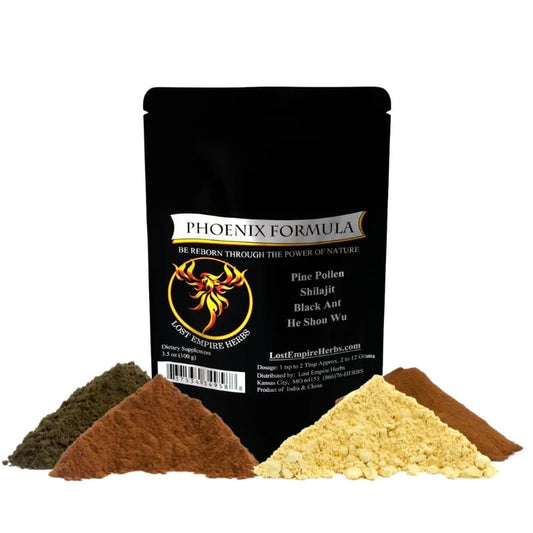 Lost Empire Herbs Phoenix Rejuvenation Formula packaging showcases premium energy blend.