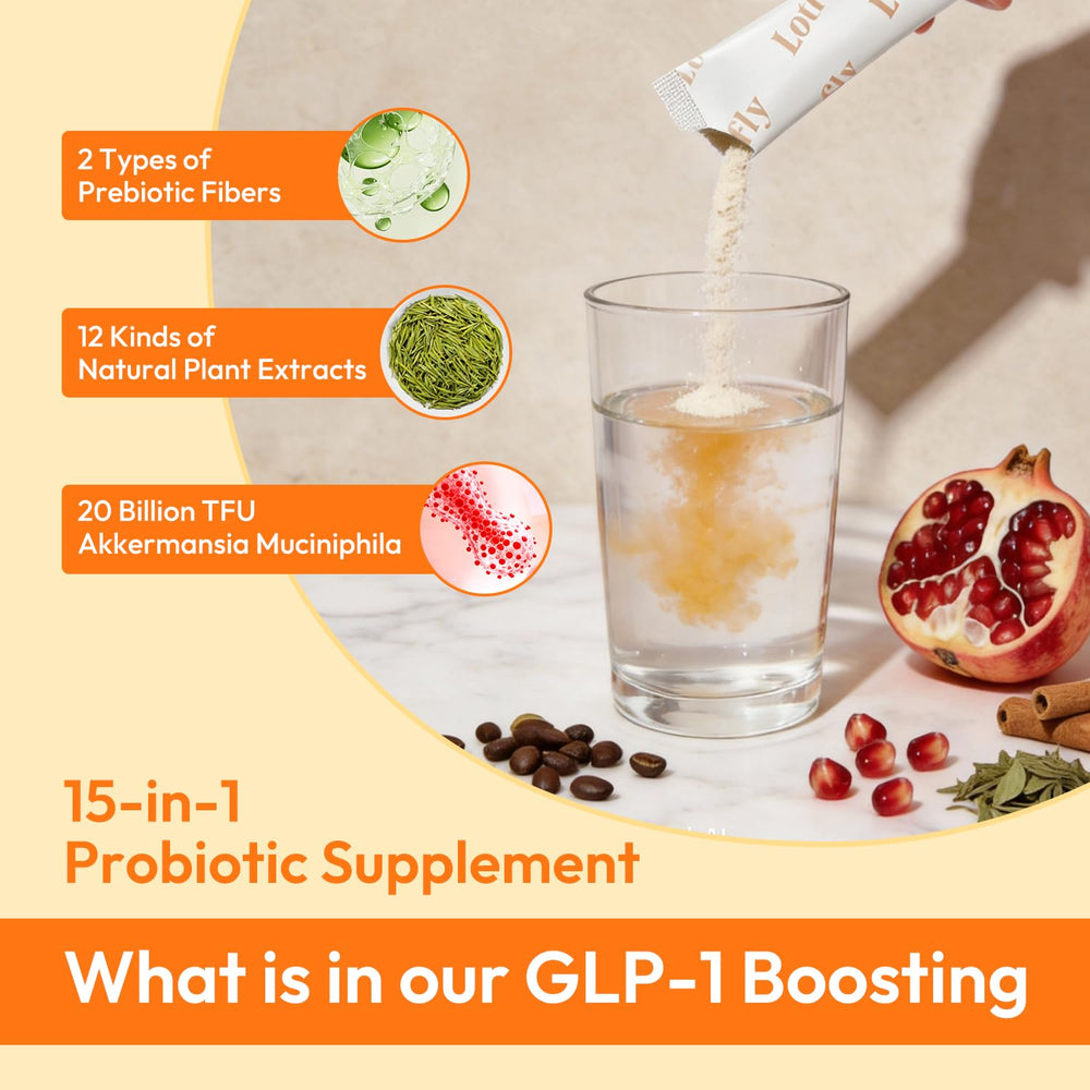 LOTFLY GLP-1 powder bag shows 20B TFU Akkermansia probiotic