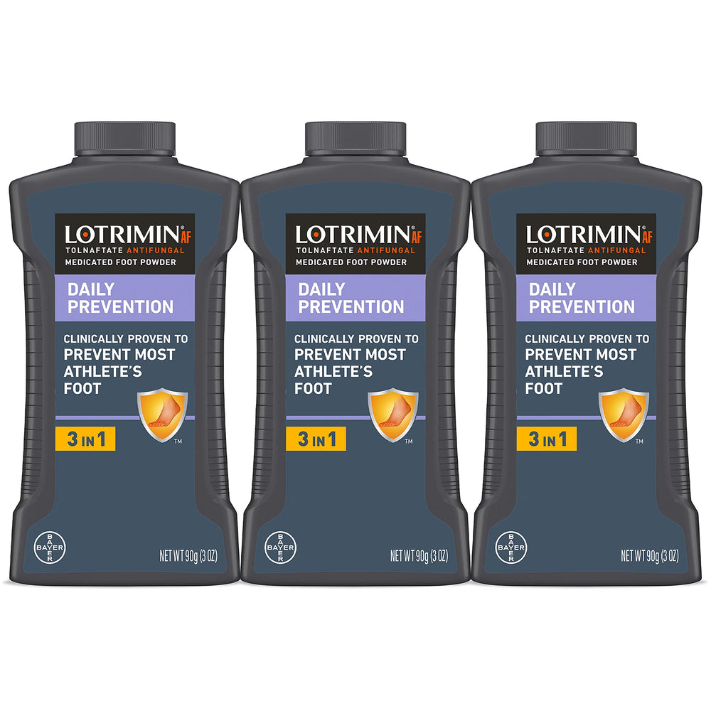 Lotrimin AF foot powder trio on counter keeps feet dry and fresh.