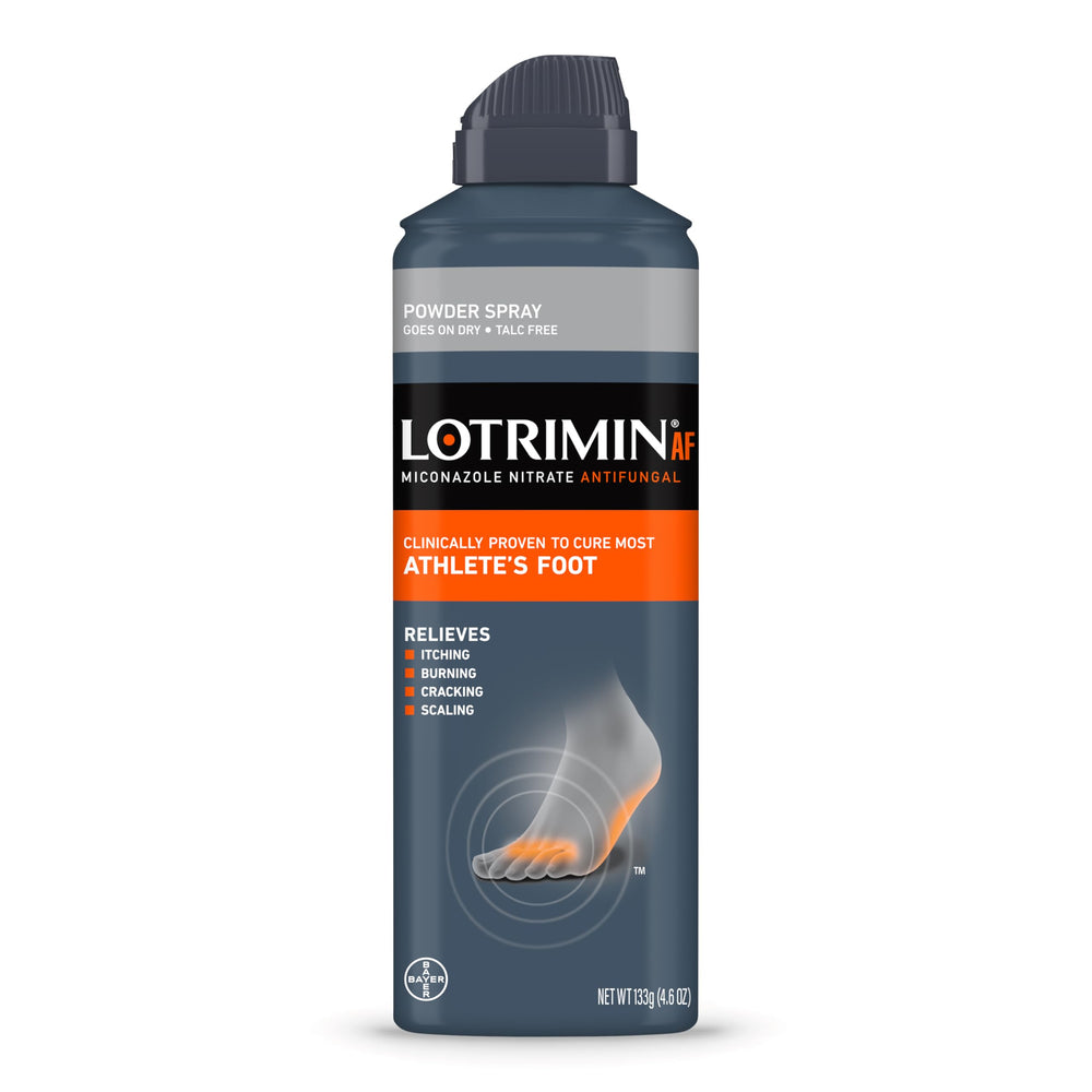 Lotrimin AF foot powder spray bottle close-up for quick foot relief.