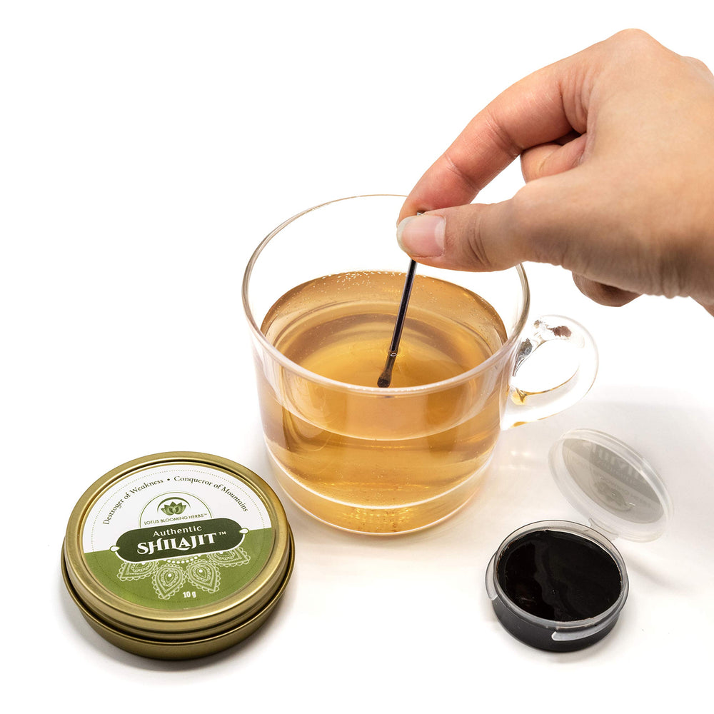Lotus Blooming Herbs Shilajit resin Himalayan landscape evokes wild-crafted origin.