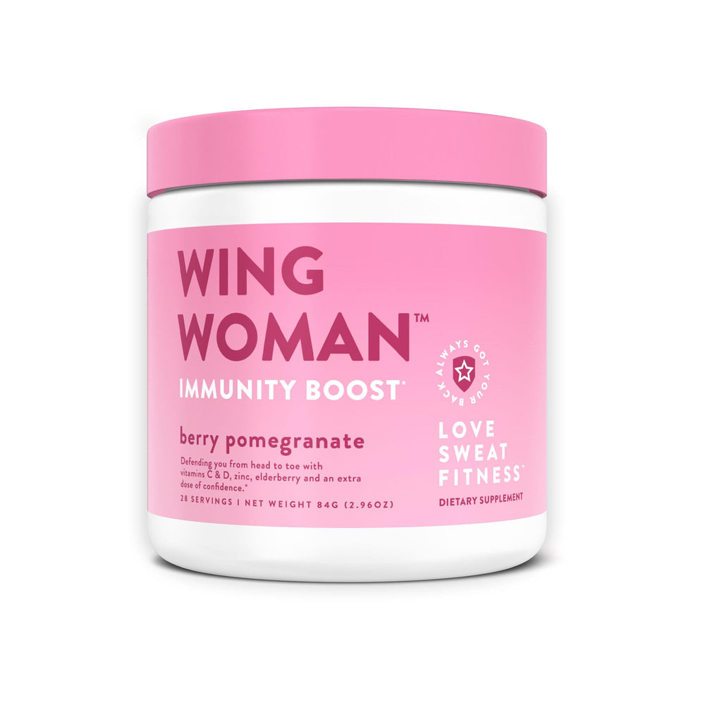 Love Sweat Fitness Immunity Boost Powder label on tub, berry pomegranate flavor for daily wellness.