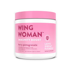 Love Sweat Fitness Immunity Boost Powder label on tub, berry pomegranate flavor for daily wellness.