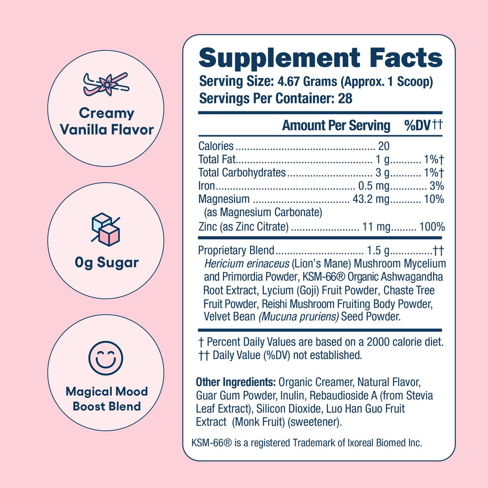 Love Sweat Fitness Mood Boost Powder coffee mixer highlights creamy vanilla in morning brew.