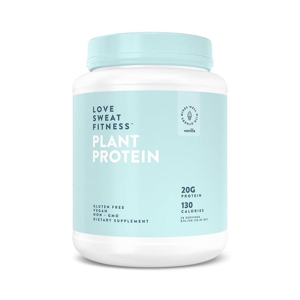 Love Sweat Fitness vanilla protein powder tub supports daily protein goals.