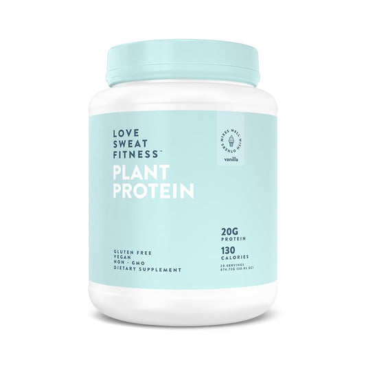 Love Sweat Fitness vanilla protein powder tub supports daily protein goals.