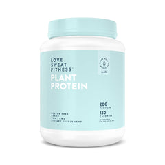 Love Sweat Fitness vanilla protein powder tub supports daily protein goals.