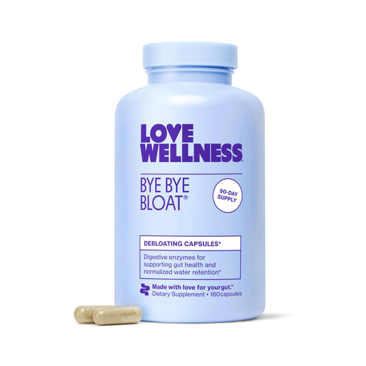 Love Wellness Bye Bye Bloat bottle front for post-meal comfort