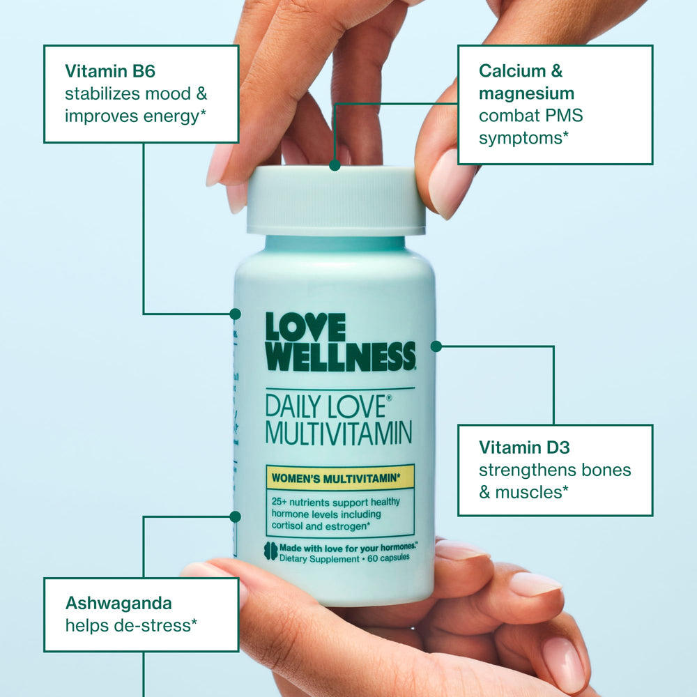 Close-up of Love Wellness Daily Love vitamins packaging for daily wellness.