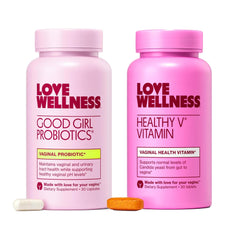 Love Wellness Good Girl Probiotics bottle pour supports daily vaginal health balance.