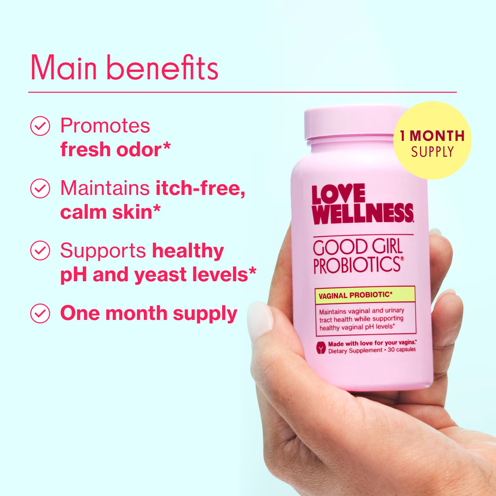 Love Wellness Good Girl Probiotics capsules offer convenient daily balance and immune support.