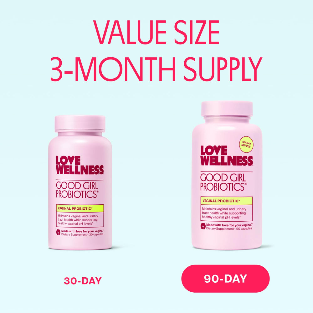 Love Wellness Good Girl Probiotics packaging highlights vegan capsule and 9-strain formula.