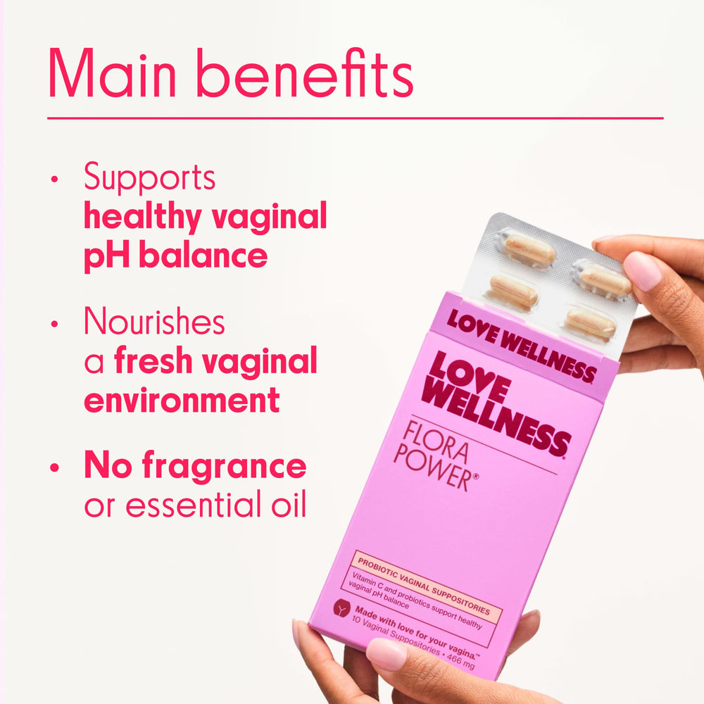 Love Wellness Flora Power probiotic image highlights vitamin C support for freshness.