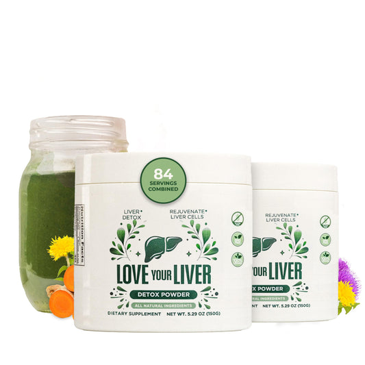Love Your Liver detox cleanse powder bottle pouring for daily liver support.